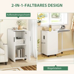 Silityskaappi 2-in-1 pieniin tiloihin, taitettava silityslauta ja säädettävä hylly, valkoinen