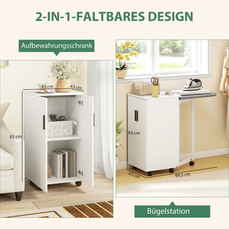 Silityskaappi 2-in-1 pieniin tiloihin, taitettava silityslauta ja säädettävä hylly, valkoinen