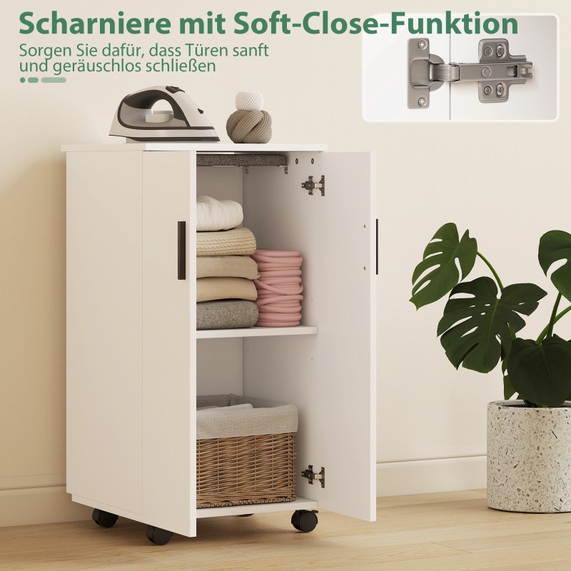 Silityskaappi 2-in-1 pieniin tiloihin, taitettava silityslauta ja säädettävä hylly, valkoinen