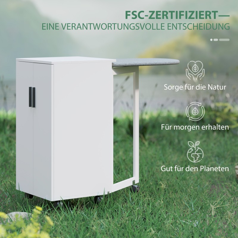 Silityskaappi 2-in-1 pieniin tiloihin, taitettava silityslauta ja säädettävä hylly, valkoinen