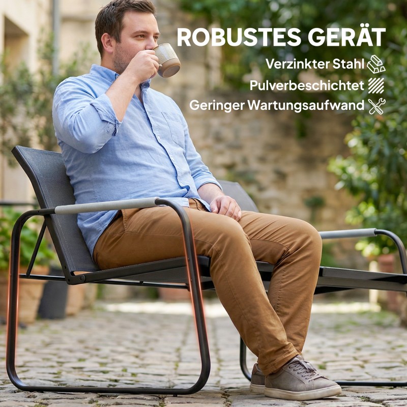 Puutarhakalusteet 4 hengelle, teräsrunko ja verkkokangas, sohva + 2 tuolia + pyöreä pöytä, harmaa/musta