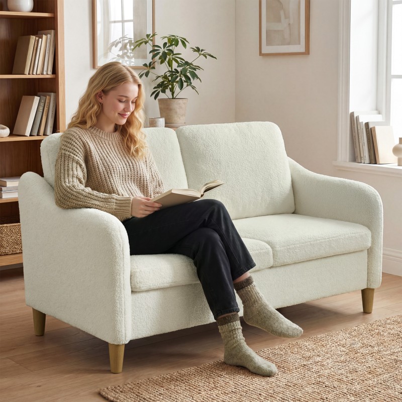 2-istuttava sohva sherpa-fleece -verhoilulla 137 cm, kermanvalkoinen