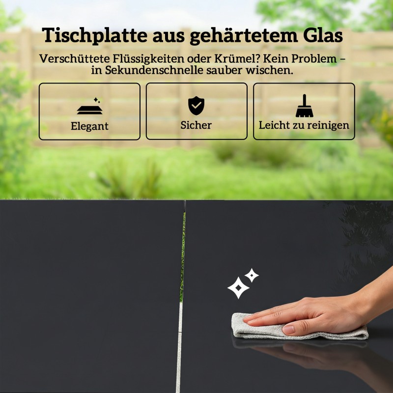 Puutarhan ruokailuryhmä 7 osaa, teräs ja lasi, pöytä 150 x 80 cm + 6 hengittävää tuolia, musta