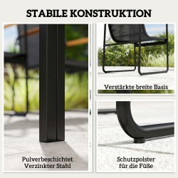 Puutarhan ruokailuryhmä 7 osaa, teräs ja lasi, pöytä 150 x 80 cm + 6 hengittävää tuolia, musta