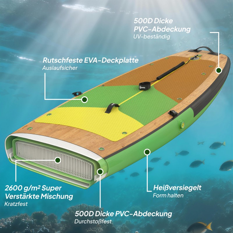 Ilmatäytteinen SUP-lautasetti 335 x 82 cm, 180 kg, kajakki-istuimella ja 2 säädettävällä melalla, ruskea/vihreä/keltainen