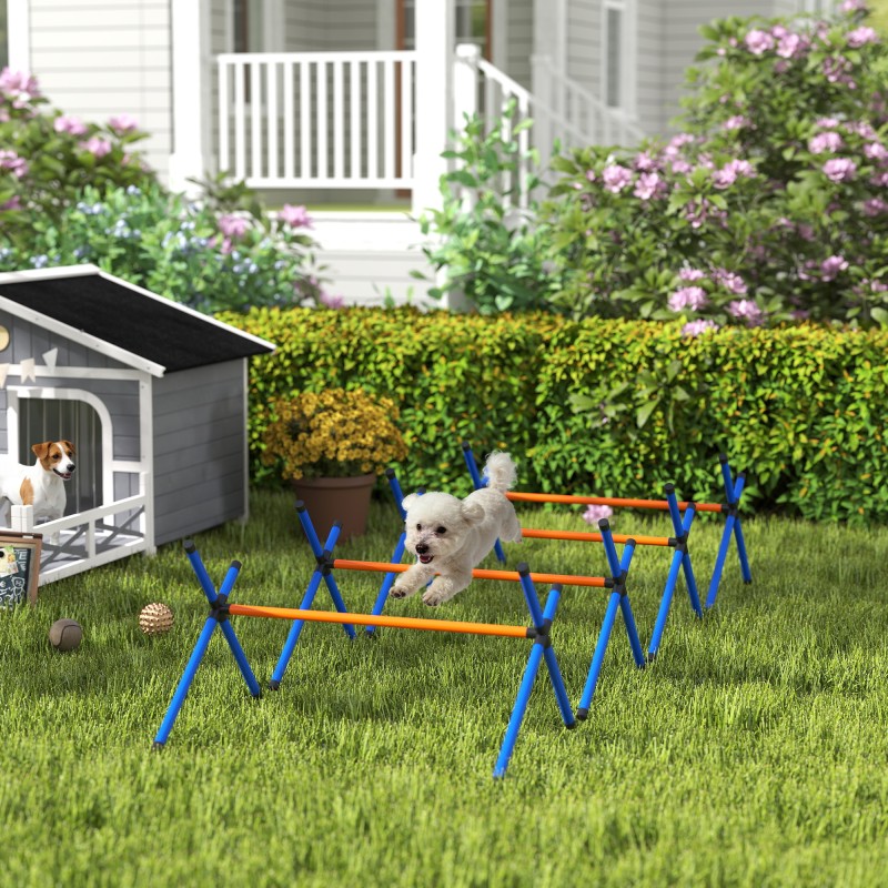 Koirien agilitysetti pienille koirille, 4 estettä, säädettävä korkeus, muovi, kantolaukulla, oranssi/sininen/musta