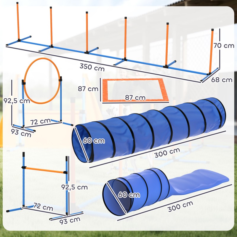 Koirien agility-setti 11 osaa, säädettävät hypyt, rengashyppy, pujottelukepit ja 2 tunnelia, oranssi/sininen/musta