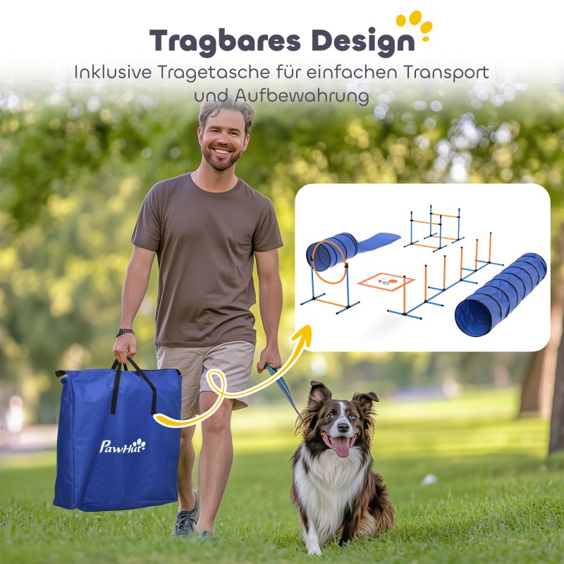 Koirien agility-setti 11 osaa, säädettävät hypyt, rengashyppy, pujottelukepit ja 2 tunnelia, oranssi/sininen/musta