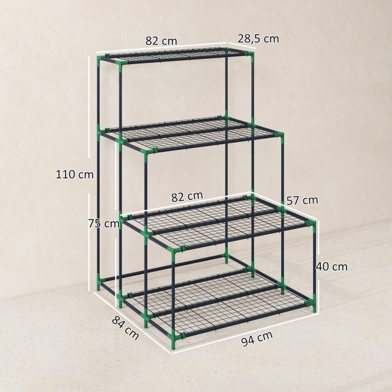 Neljätasoinen kukkateline terästä 94 x 84 x 110 cm, tummanvihreä, 24 klipsiä