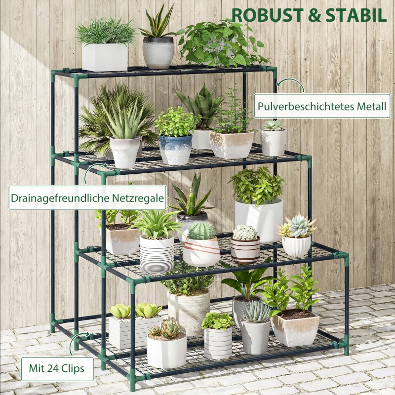 Neljätasoinen kukkateline terästä 94 x 84 x 110 cm, tummanvihreä, 24 klipsiä