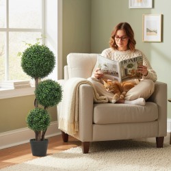 Keinotekoinen kolmen pallon puksipensas ruukussa, muovia ja puuta, 100 cm, vihreä