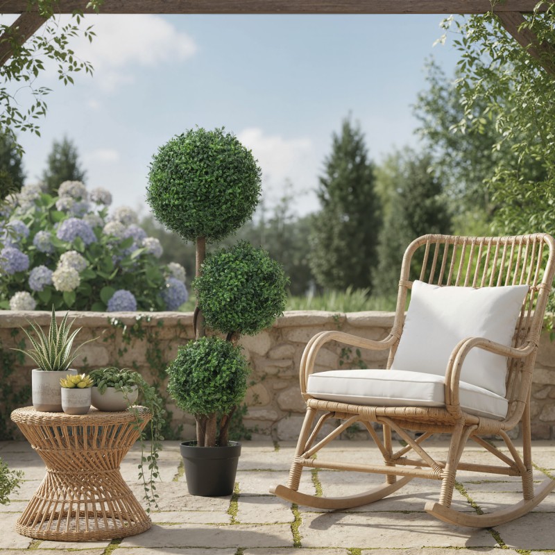 Keinotekoinen kolmen pallon puksipensas ruukussa, muovia ja puuta, 100 cm, vihreä