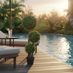 Keinotekoinen kolmen pallon puksipensas ruukussa, muovia ja puuta, 100 cm, vihreä