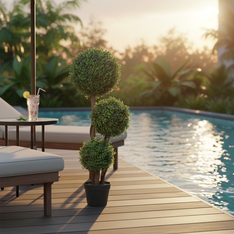 Keinotekoinen kolmen pallon puksipensas ruukussa, muovia ja puuta, 100 cm, vihreä