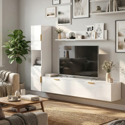 Seinään kiinnitettävä TV-taso ja kaapisto 180 cm, 4-osainen, valkoinen korkeakiilto