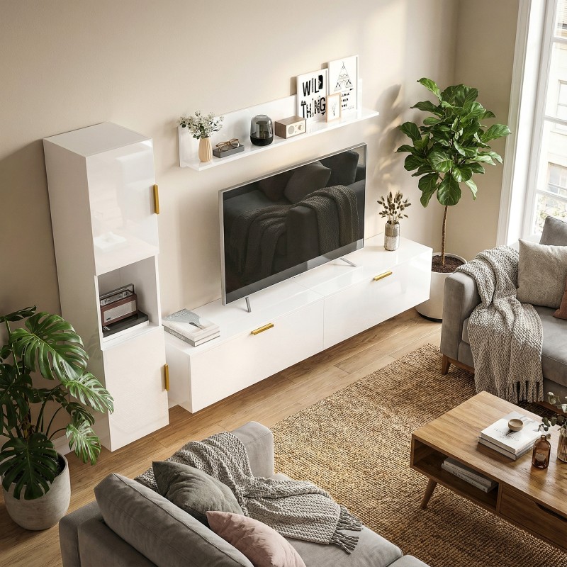 Seinään kiinnitettävä TV-taso ja kaapisto 180 cm, 4-osainen, valkoinen korkeakiilto