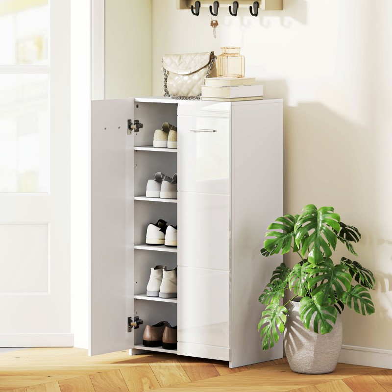 Kenkäkaappi eteiseen, lastulevy, 55x36x108 cm, 10 paria, korkeakiilto valkoinen