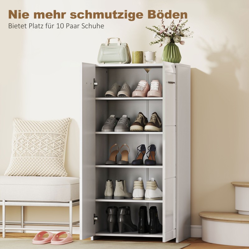 Kenkäkaappi eteiseen, lastulevy, 55x36x108 cm, 10 paria, korkeakiilto valkoinen