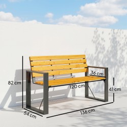 Puutarhapenkki 2-hengen, teräsrunko ja kuusipuu, säädettävät jalat, 136 x 54 x 82 cm, luonnonpuu/musta