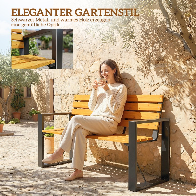 Puutarhapenkki 2-hengen, teräsrunko ja kuusipuu, säädettävät jalat, 136 x 54 x 82 cm, luonnonpuu/musta