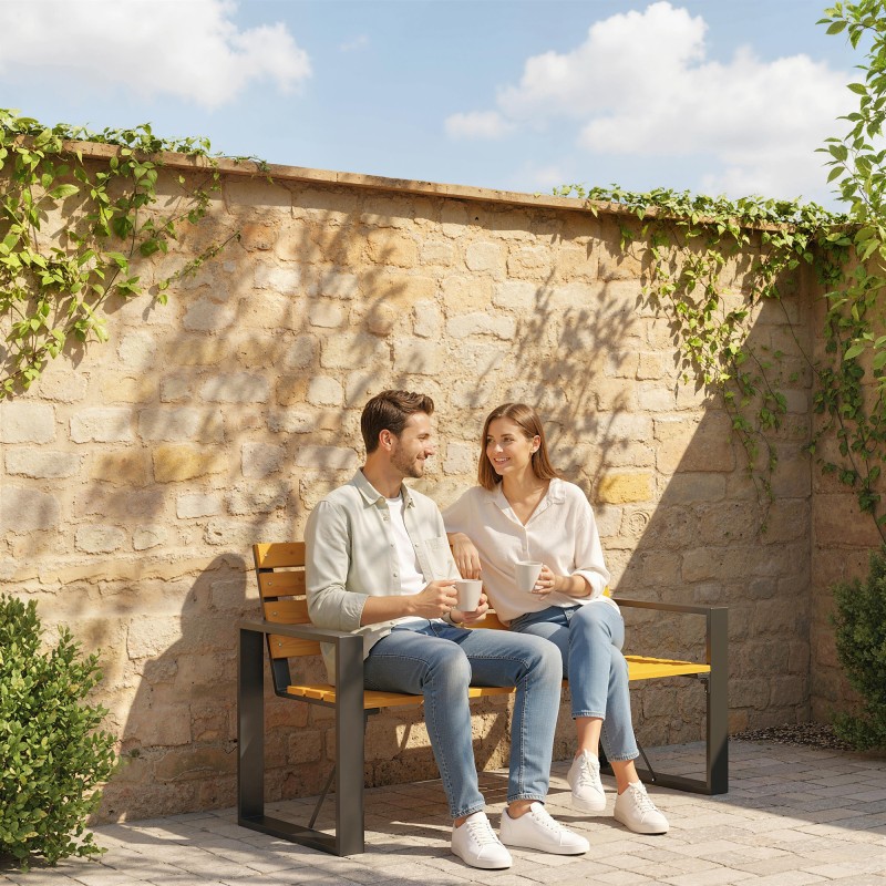 Puutarhapenkki 2-hengen, teräsrunko ja kuusipuu, säädettävät jalat, 136 x 54 x 82 cm, luonnonpuu/musta