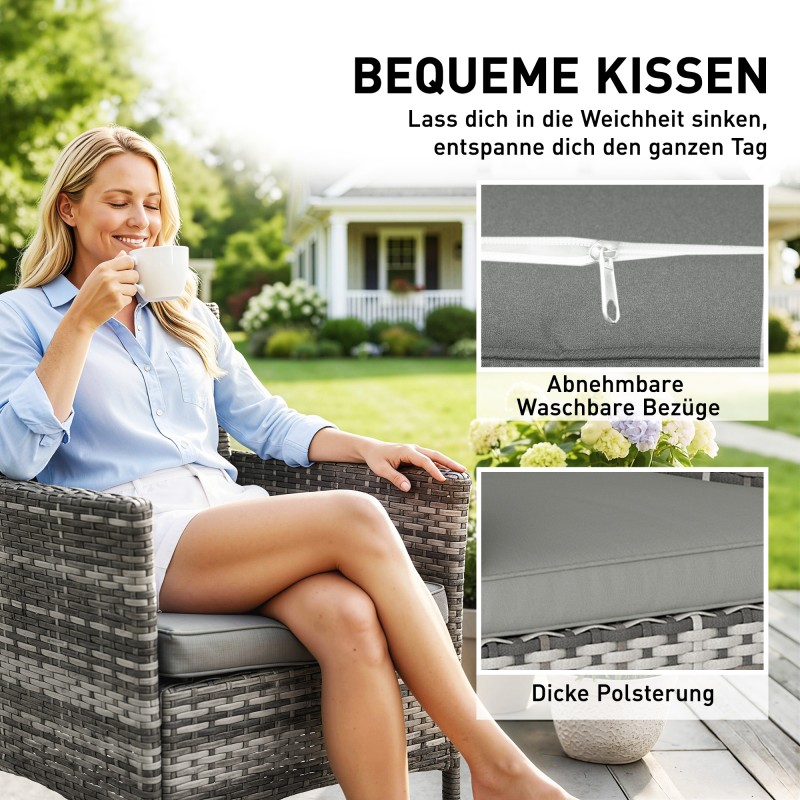 2 kpl terassituoleja ulkokäyttöön, polyrottinki ja teräsrunko, irrotettavat istuintyynyt, harmaa