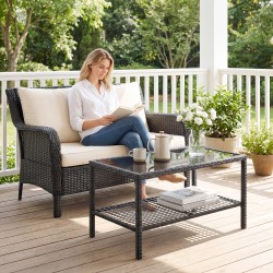 Sohvapöytä ulos ja sisälle, kaksitasoinen polyrottinki, karkaistu lasikansi, 92 x 50 x 45 cm, musta