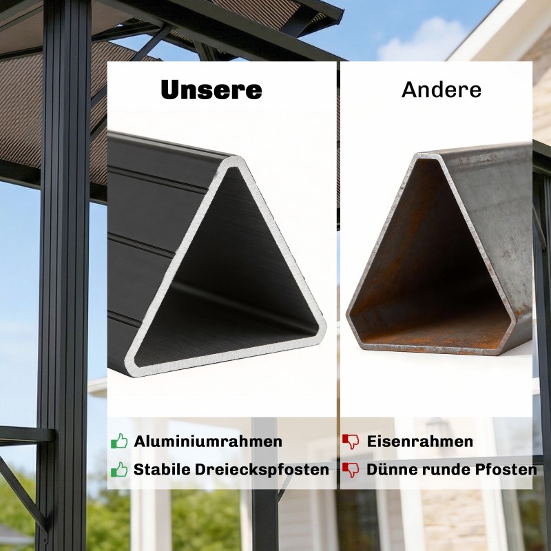 Grillikatos ulkokäyttöön, polykarbonaattikatto, alumiinirunko 2,5 x 1,5 m, ruskea-musta