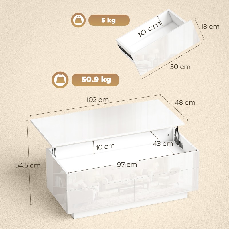 Korkeussäädettävä sohvapöytä piilosäilytyksellä ja 2 laatikolla, valkoinen korkeakiilto