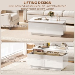 Korkeussäädettävä sohvapöytä piilosäilytyksellä ja 2 laatikolla, valkoinen korkeakiilto
