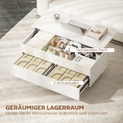 Korkeussäädettävä sohvapöytä piilosäilytyksellä ja 2 laatikolla, valkoinen korkeakiilto