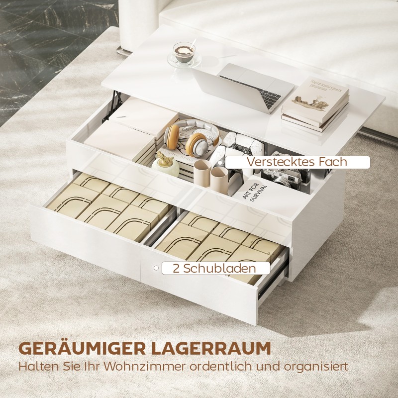 Korkeussäädettävä sohvapöytä piilosäilytyksellä ja 2 laatikolla, valkoinen korkeakiilto