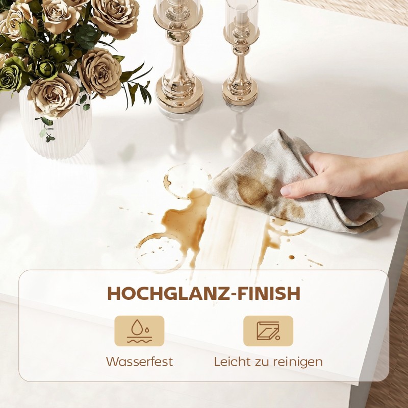 Korkeussäädettävä sohvapöytä piilosäilytyksellä ja 2 laatikolla, valkoinen korkeakiilto