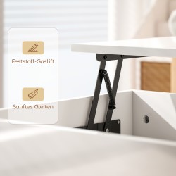 Korkeussäädettävä sohvapöytä piilosäilytyksellä ja 2 laatikolla, valkoinen korkeakiilto