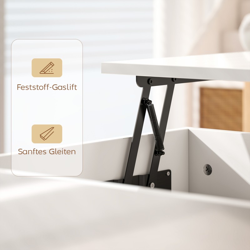 Korkeussäädettävä sohvapöytä piilosäilytyksellä ja 2 laatikolla, valkoinen korkeakiilto