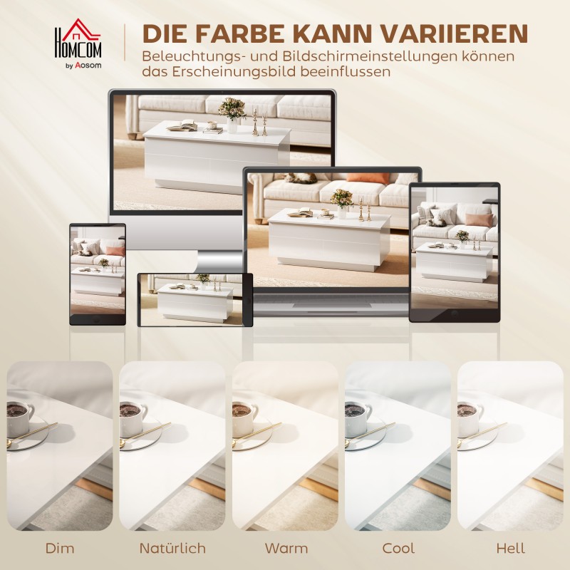 Korkeussäädettävä sohvapöytä piilosäilytyksellä ja 2 laatikolla, valkoinen korkeakiilto