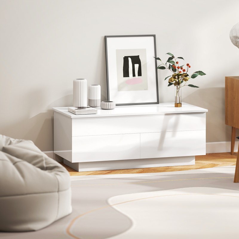 Korkeussäädettävä sohvapöytä piilosäilytyksellä ja 2 laatikolla, valkoinen korkeakiilto