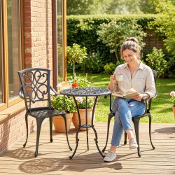 Puutarhan bistrosarja 3-osainen, valettu alumiini, pyöreä pöytä Ø60 cm ja 2 tuolia, musta