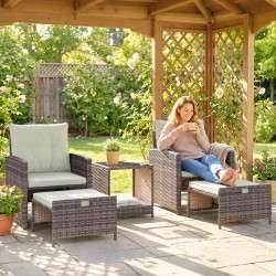 Parvekesohvaryhmä ulkokäyttöön, 5-osainen rottinki, 2 tuolia 2 jakkaraa pöytä, ruskea/kermanvalkoinen/musta