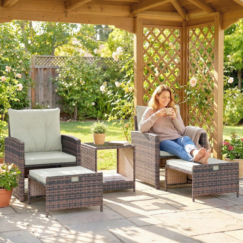 Parvekesohvaryhmä ulkokäyttöön, 5-osainen rottinki, 2 tuolia 2 jakkaraa pöytä, ruskea/kermanvalkoinen/musta