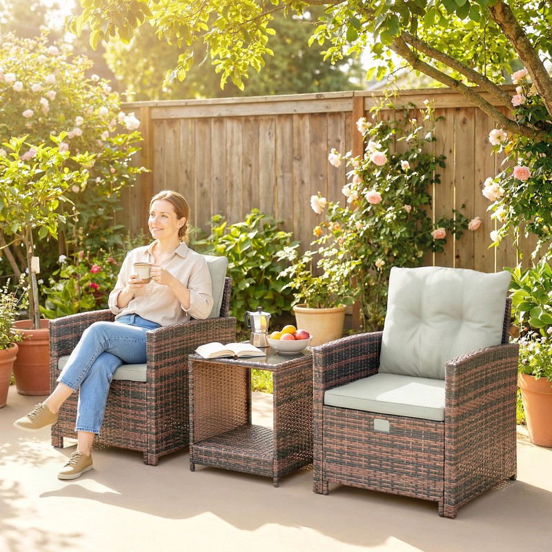 Parvekesohvaryhmä ulkokäyttöön, 5-osainen rottinki, 2 tuolia 2 jakkaraa pöytä, ruskea/kermanvalkoinen/musta