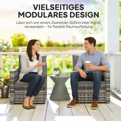 Polyrottinkinen 2 hengen ulkosohva sivutasoilla, jaettavissa kahdeksi tuoliksi, vaaleanharmaa