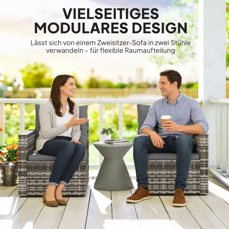 Polyrottinkinen 2 hengen ulkosohva sivutasoilla, jaettavissa kahdeksi tuoliksi, vaaleanharmaa