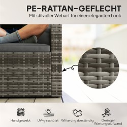 Polyrottinkinen 2 hengen ulkosohva sivutasoilla, jaettavissa kahdeksi tuoliksi, vaaleanharmaa