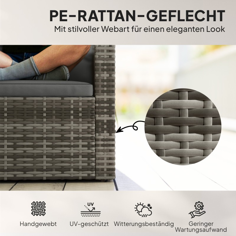 Polyrottinkinen 2 hengen ulkosohva sivutasoilla, jaettavissa kahdeksi tuoliksi, vaaleanharmaa