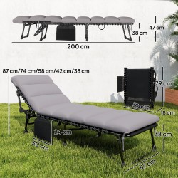 Kokoontaitettava aurinkotuoli puutarhaan, teräsrunko, 5-asentoinen selkänoja, patja ja niskatyyny, musta/harmaa