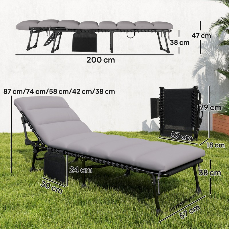 Kokoontaitettava aurinkotuoli puutarhaan, teräsrunko, 5-asentoinen selkänoja, patja ja niskatyyny, musta/harmaa