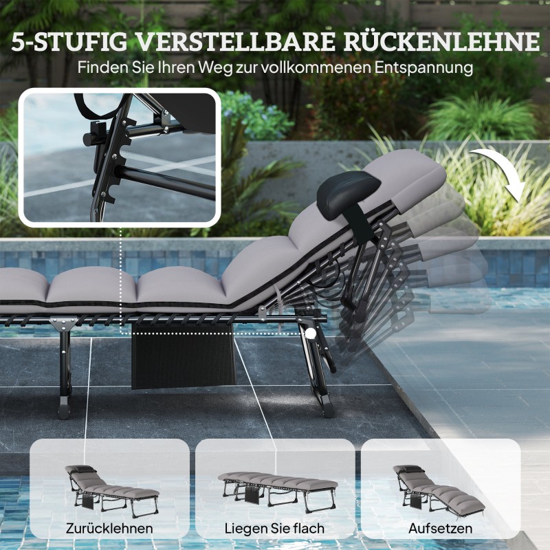 Kokoontaitettava aurinkotuoli puutarhaan, teräsrunko, 5-asentoinen selkänoja, patja ja niskatyyny, musta/harmaa