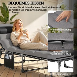 Kokoontaitettava aurinkotuoli puutarhaan, teräsrunko, 5-asentoinen selkänoja, patja ja niskatyyny, musta/harmaa