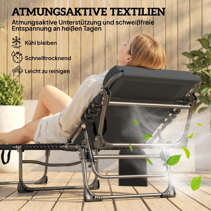 Kokoontaitettava aurinkotuoli puutarhaan, teräsrunko, 5-asentoinen selkänoja, patja ja niskatyyny, musta/harmaa